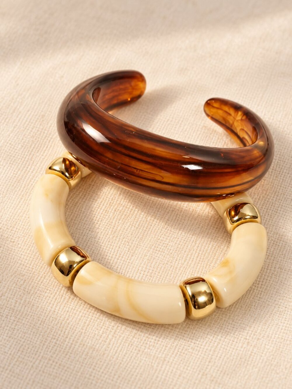 2-Pc Tortoiseshell & Cream Marble Bracelet Set